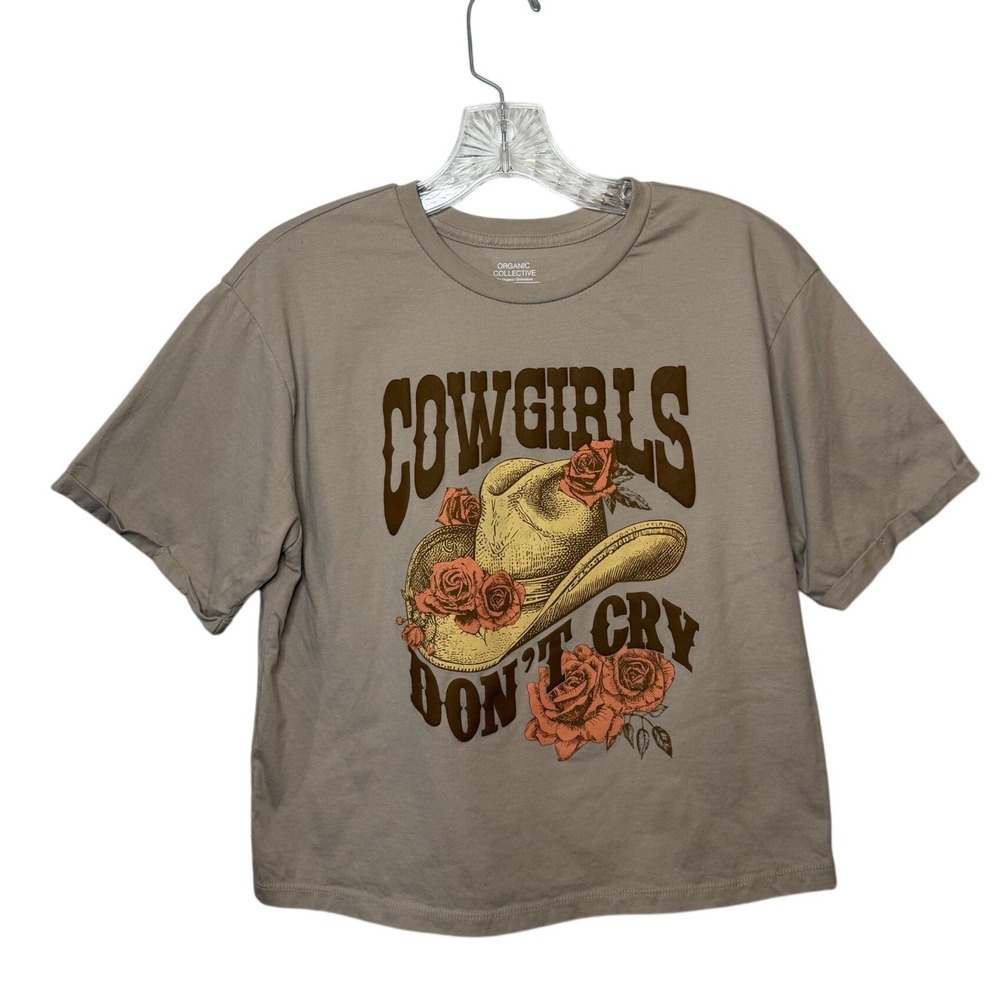 Organic Collective Cowgirls Don't Cry Graphic Tee Tan Beige Small Western Top